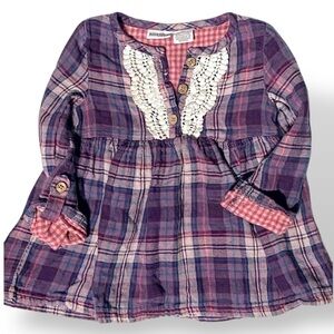 Girls 2t Toddler Kids Plaid Checkered 3/4 Sleeve Pink Lined Shirt Baby Doll Top